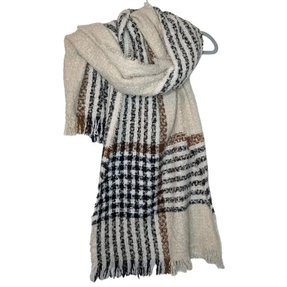 Unisex Soft Cream Fringe Striped Scarf